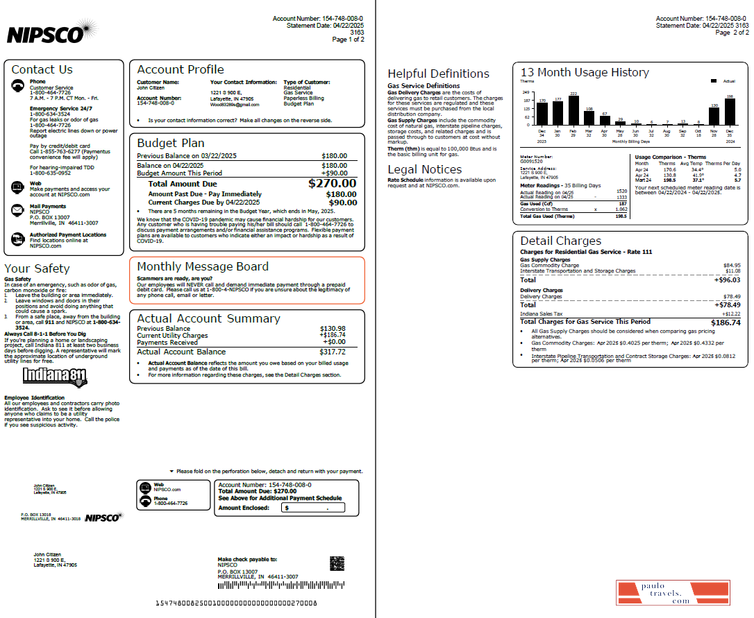 USA NIPSCO utility bill template in Word and PDF formats, 2 pages